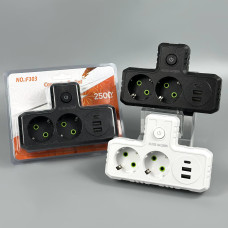 Мережевий розгалужувач із заземленням F303 2USB+Type-C 2 розетки 2500W, 10A