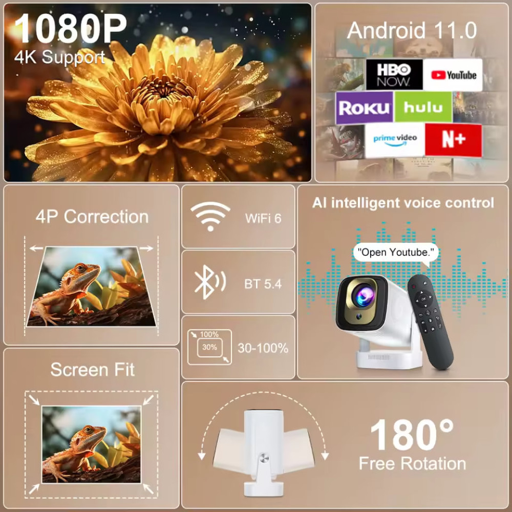 Проектор HY260 Pro (Android 11, 4K, 200 Ansi, Bluetooth + WiFi6, 1080P, 1Gb+8Gb)