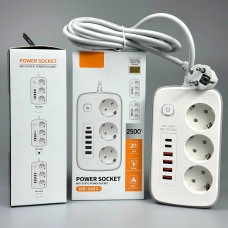 Мережевий подовжувач Power Socket No3454 4USB+2Type-C 3 розетки 2500W 2m