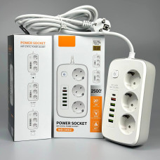 Мережевий подовжувач Power Socket No3452 5USB+Type-C 3 розетки 2500W 2m