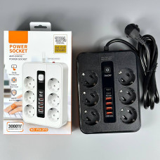 Мережевий подовжувач Power Socket F54-2PD 4USB+2Type-C 6 розеток 3000W 2m