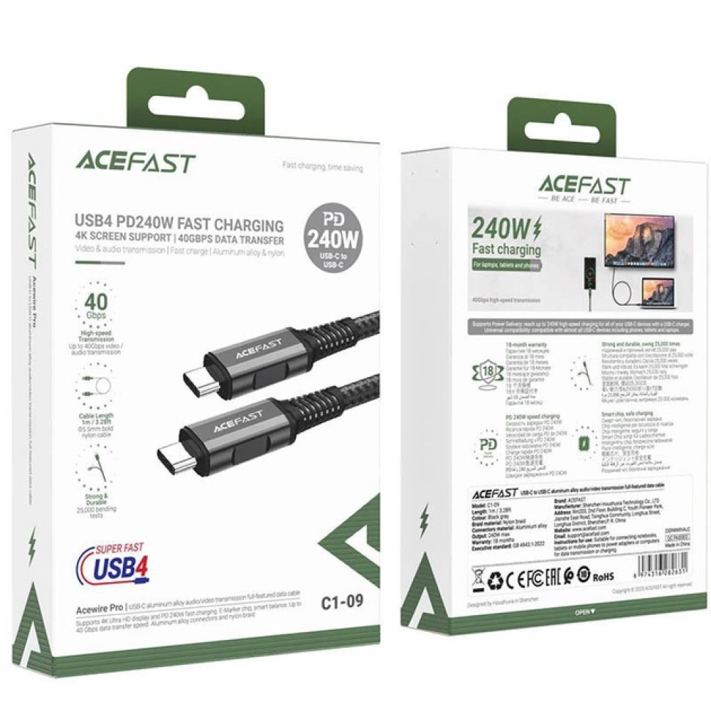  Data Cable AceFast C1-09 Aluminum alloy Type-C to Type-C 240W 1.2m