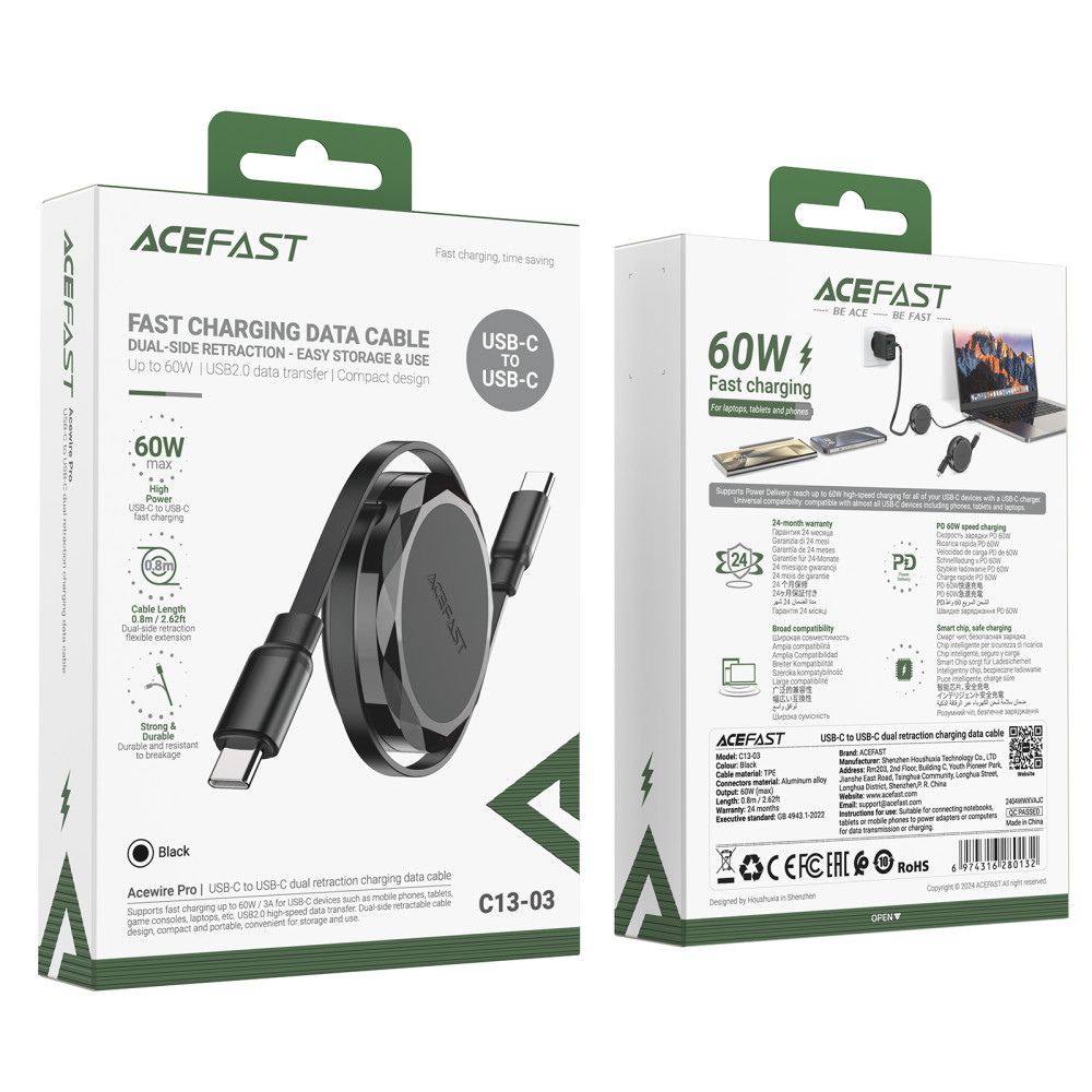 Data Cable AceFast C13-03 Type-C to Type-C висувний 60W 0.8m