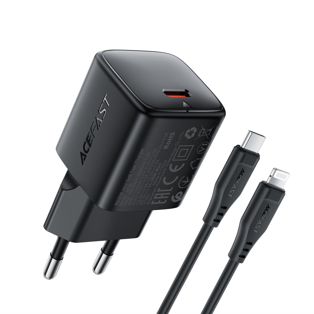 Мережевий зарядний пристрій AceFast A118 mini GaN PD30W Type-C to Lightning