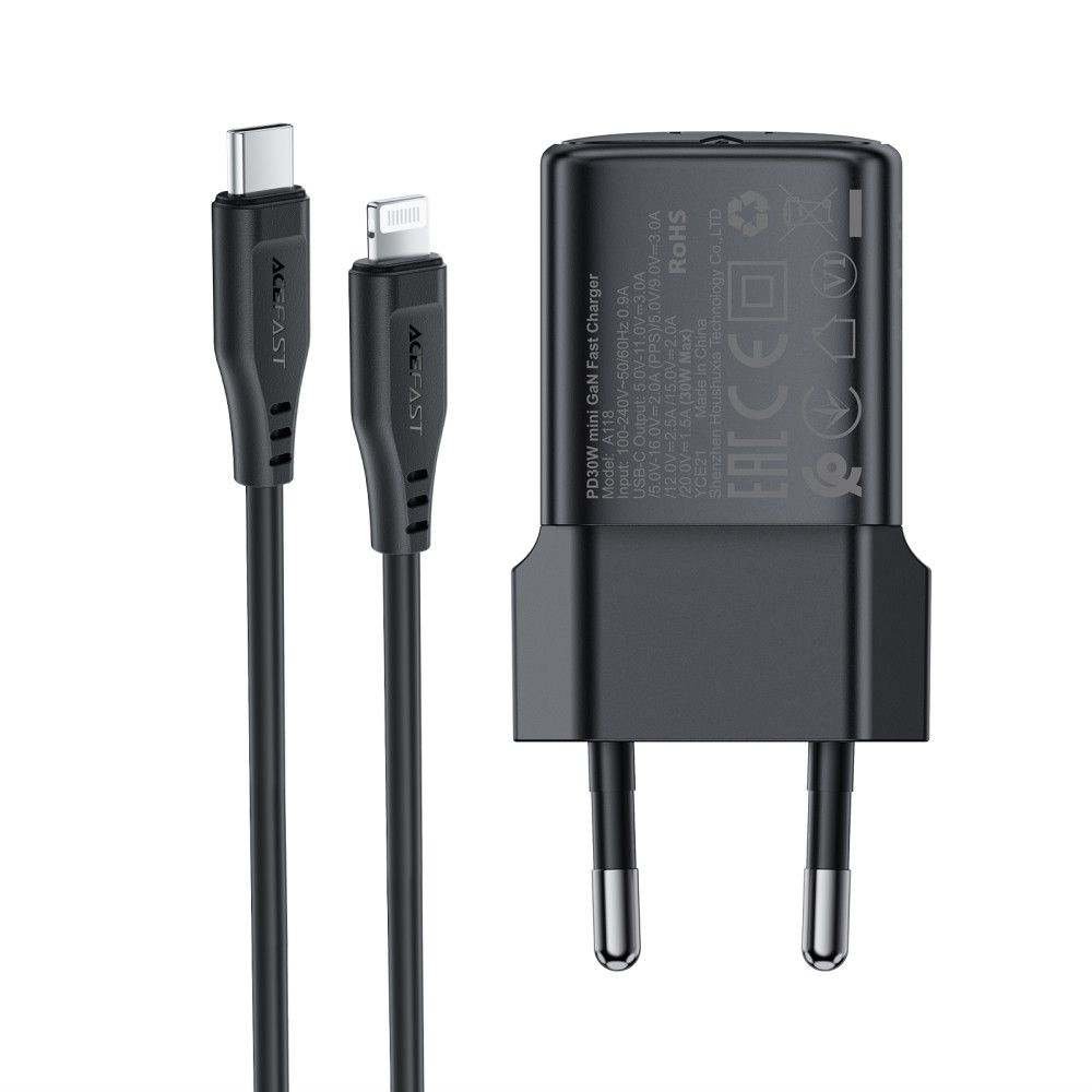 Мережевий зарядний пристрій AceFast A118 mini GaN PD30W Type-C to Lightning