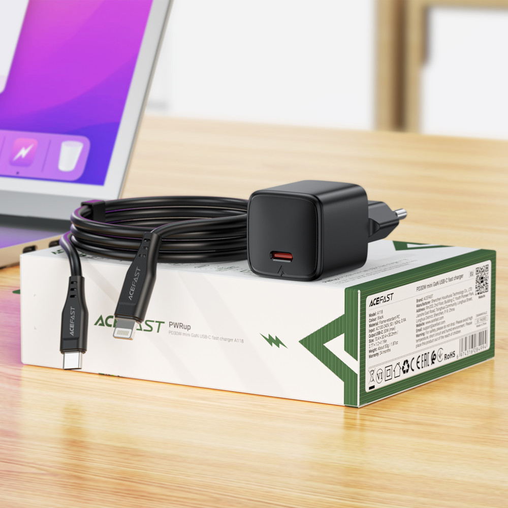 Мережевий зарядний пристрій AceFast A118 mini GaN PD30W Type-C to Lightning