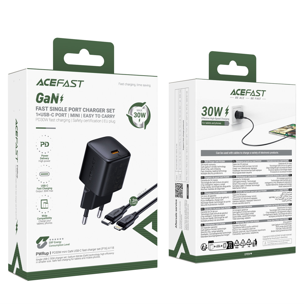 Мережевий зарядний пристрій AceFast A118 mini GaN PD30W Type-C to Lightning