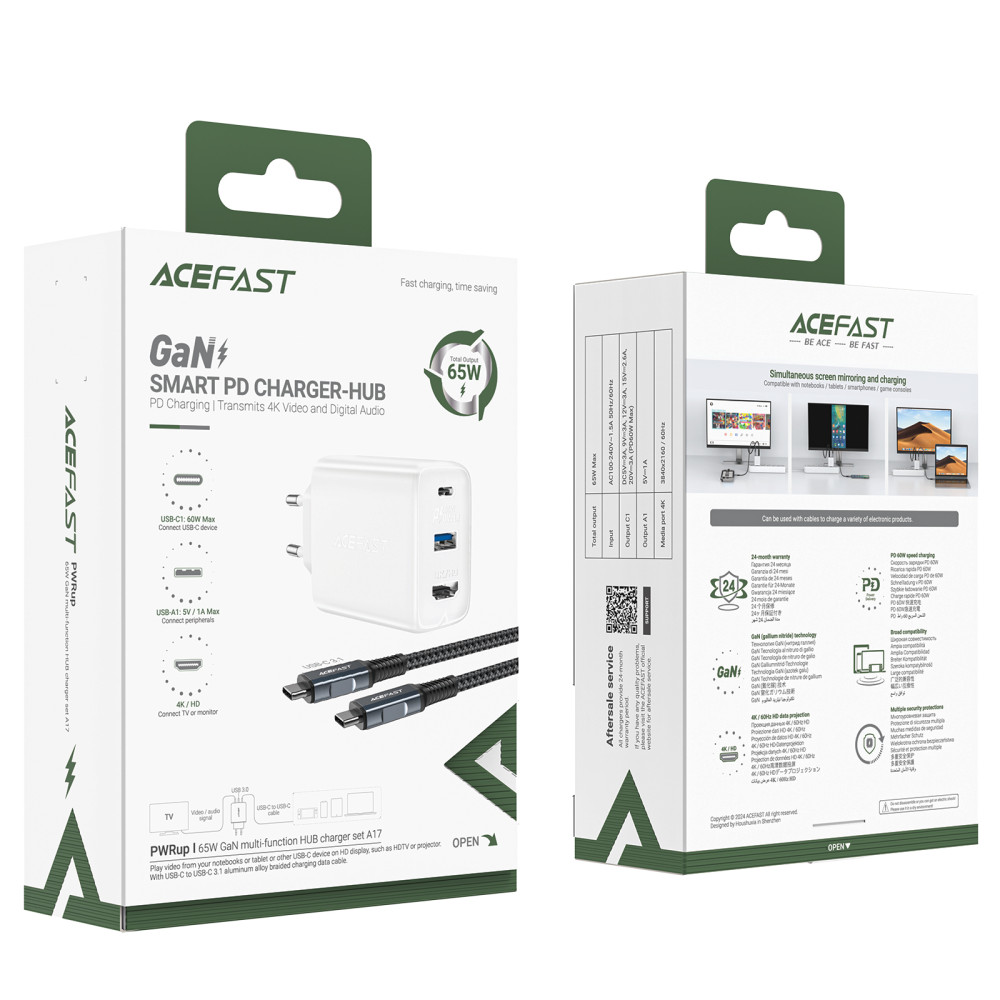  Мережевий зарядний пристрій AceFast A17 GaN3 65W Type-C to Type-C + HDMI 4K HD