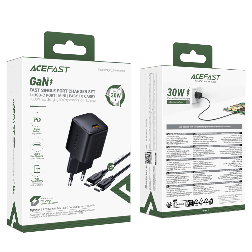 Мережевий зарядний пристрій AceFast A118 mini GaN PD30W Type-C to Type-C
