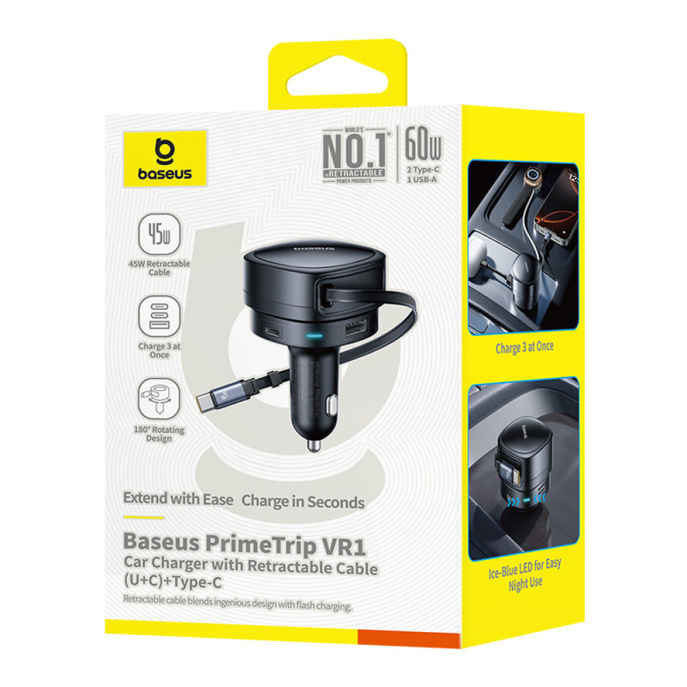 Автомобільний зарядний пристрій Baseus PrimeTrip VR1 Type-C+USB+Retractable Type-C Cable 60W (C00069001121-00) 
