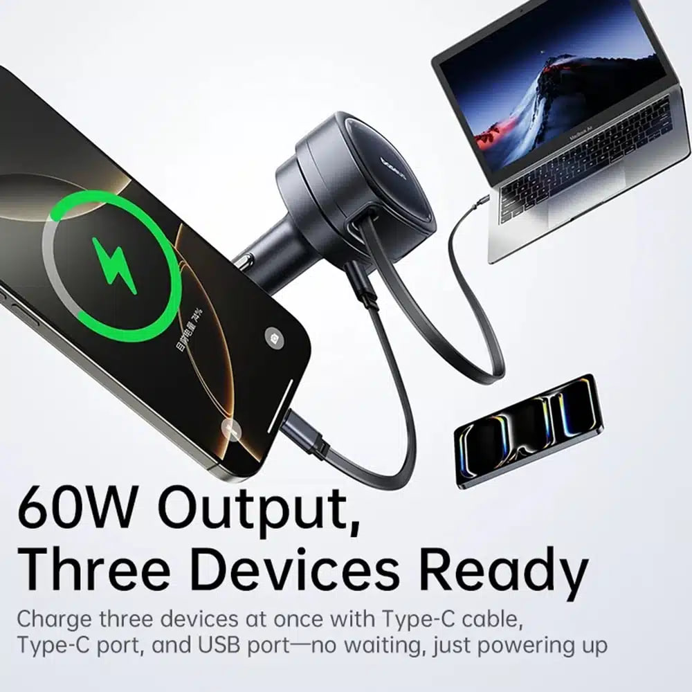 Автомобільний зарядний пристрій Baseus PrimeTrip VR1 Type-C+USB+Retractable Type-C Cable 60W (C00069001121-00) 