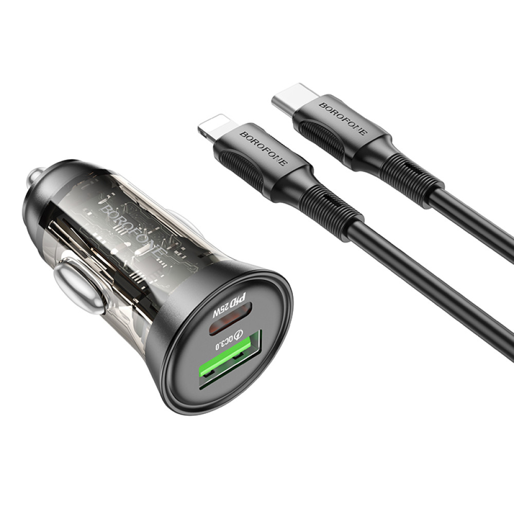 Автомобільний зарядний пристрій Borofone BZ26A Shadow PD25W+QC3.0 (43W) Type-C to Lightning