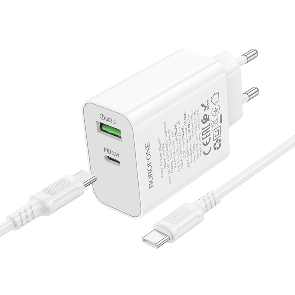 Мережевий зарядний пристрій Borofone BA108A Stellar PD30W+QC3.0 Type-C to Type-C
