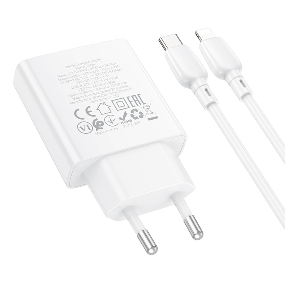 Мережевий зарядний пристрій Borofone BN24 Wish GaN PD20W+QC3.0 Type-C to Lightning 