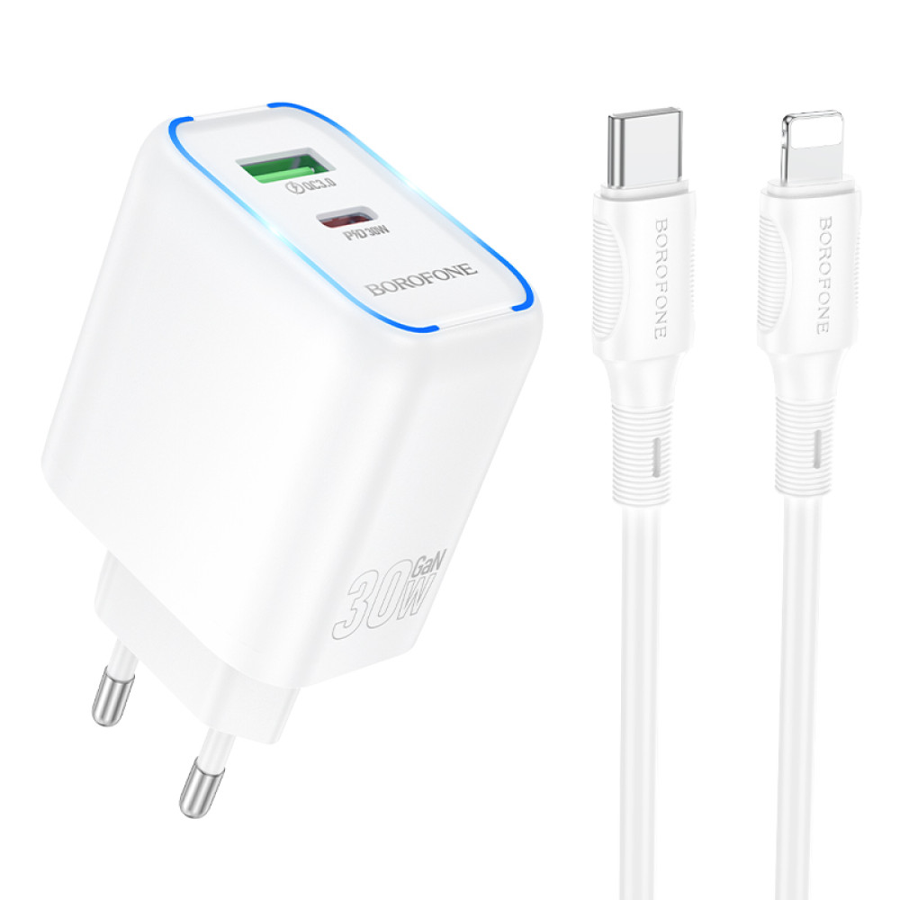 Мережевий зарядний пристрій Borofone BA89A Destello GaN PD30W+QC3.0 Type-C to Lightning