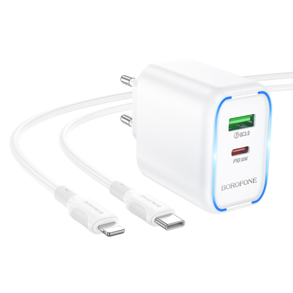 Мережевий зарядний пристрій Borofone BA89A Destello GaN PD30W+QC3.0 Type-C to Lightning