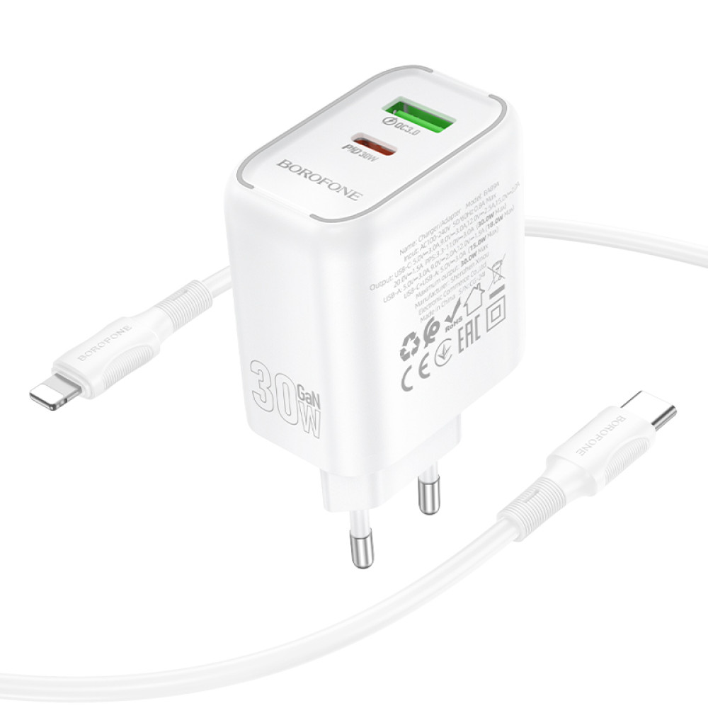 Мережевий зарядний пристрій Borofone BA89A Destello GaN PD30W+QC3.0 Type-C to Lightning