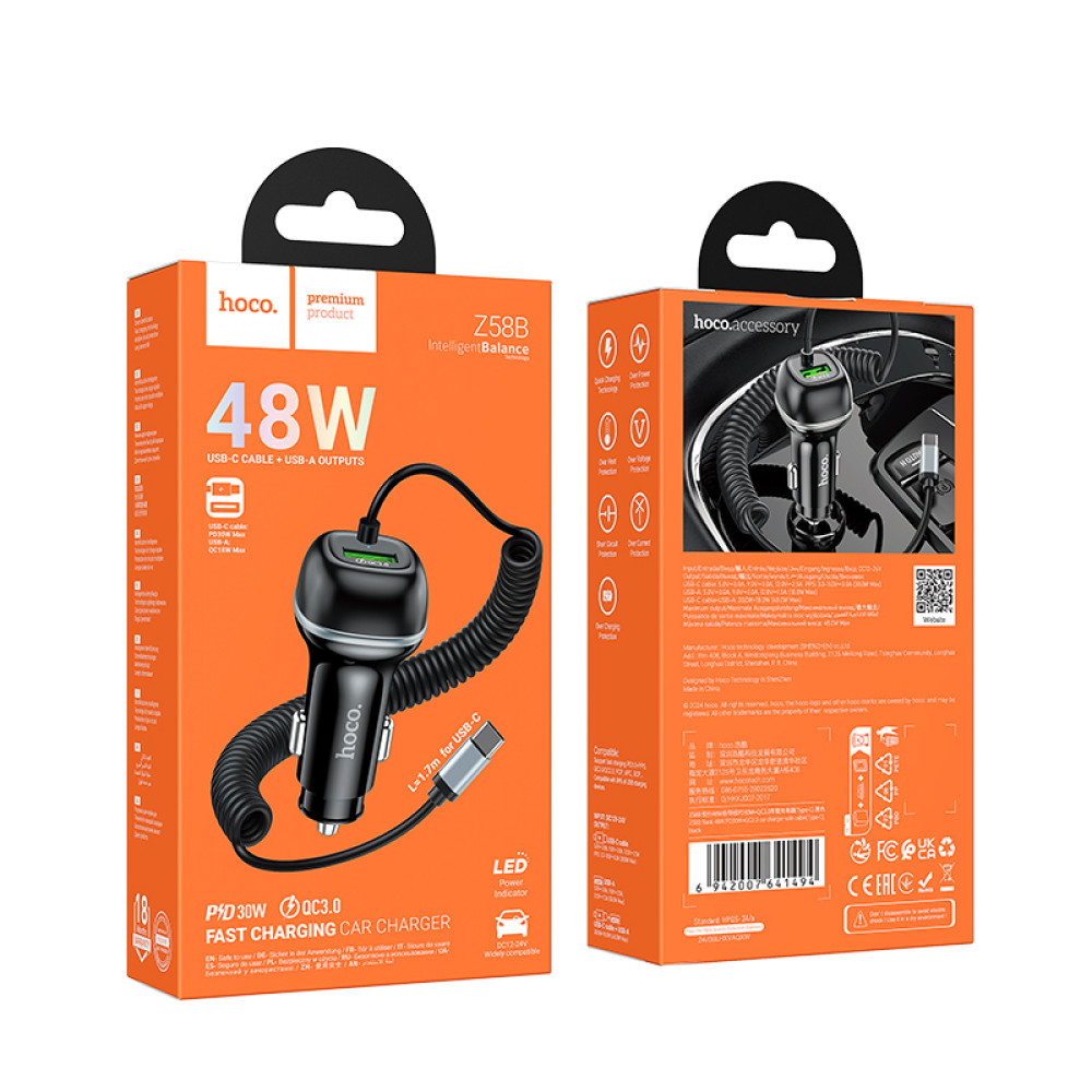 Автомобільний зарядний пристрій Hoco Z58B Rank QC3.0 Type-C