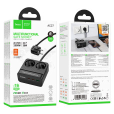 Мережевий подовжувач Hoco AC27 Descanso 2500W PD30W+QC3.0 2 розетки 2m
