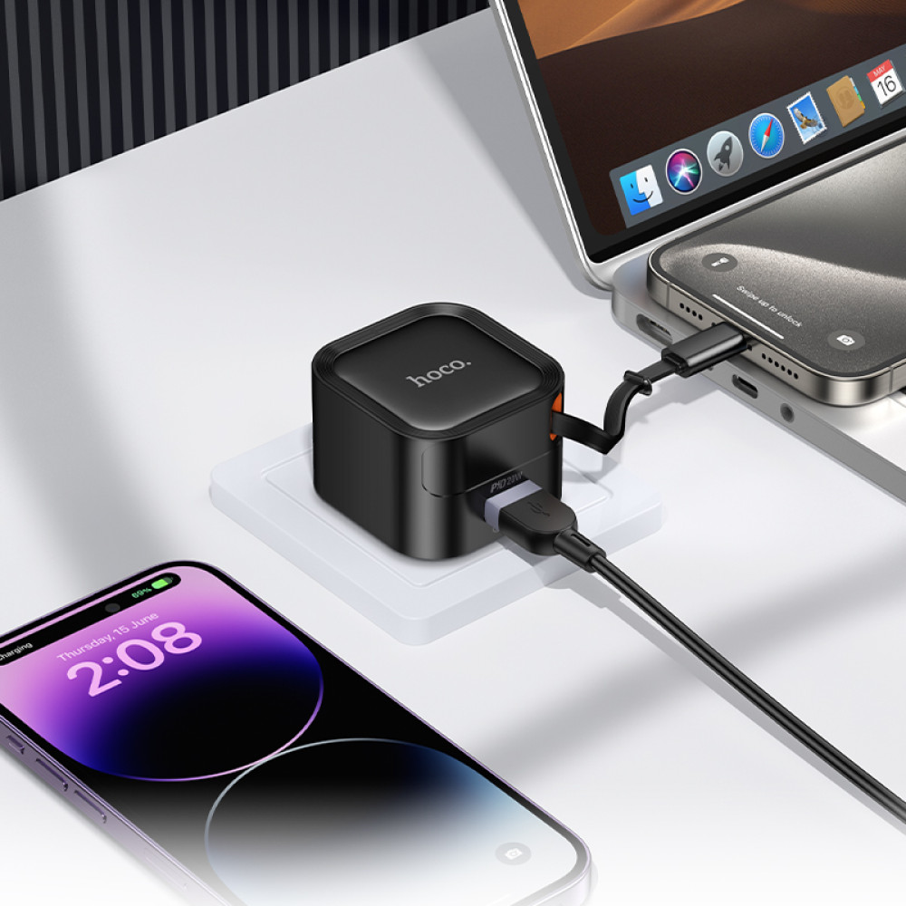 Мережевий зарядний пристрій Hoco C154A QC3.0 telescopic cable Type-C