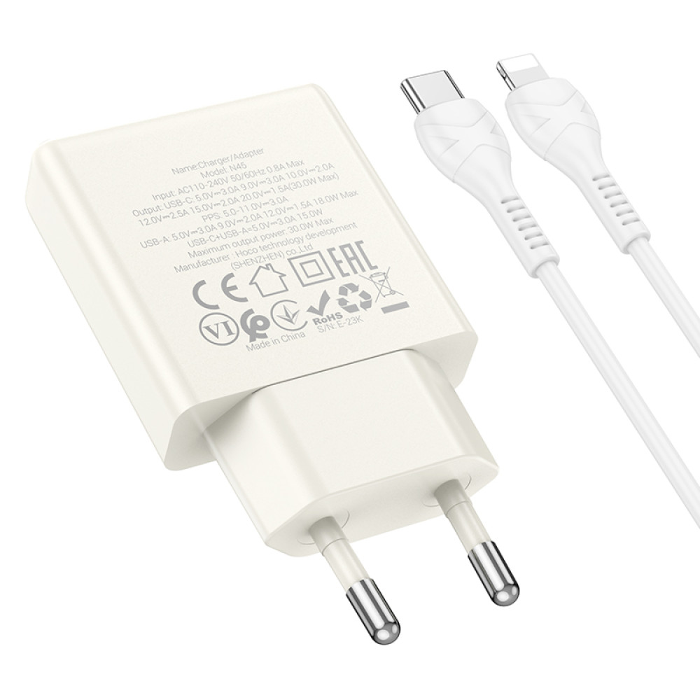 Мережевий зарядний пристрій Hoco N45 Biscuit PD30W+QC3.0 Type-C to Lightning