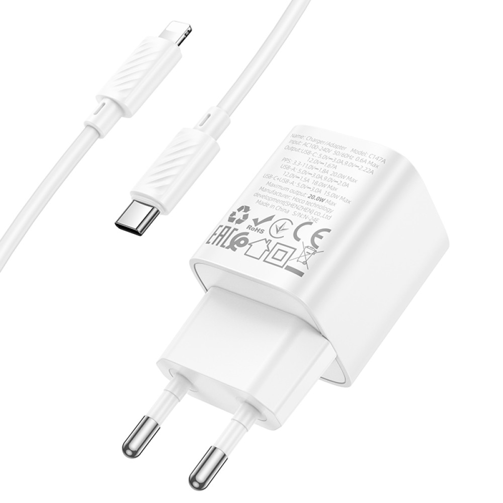Мережевий зарядний пристрій Hoco C147A Charm PD20W+QC3.0 Type-C to Lightning