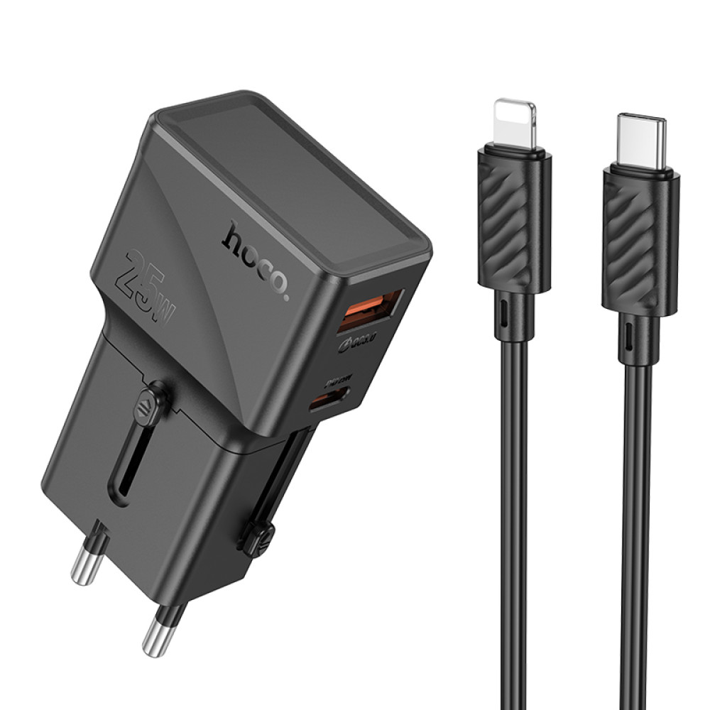 Мультифункціональний мережевий адаптер Hoco AC24 Mini universal travel PD25W+QC3.0 Type-C to Lightning (EU,US,UK,AUS)
