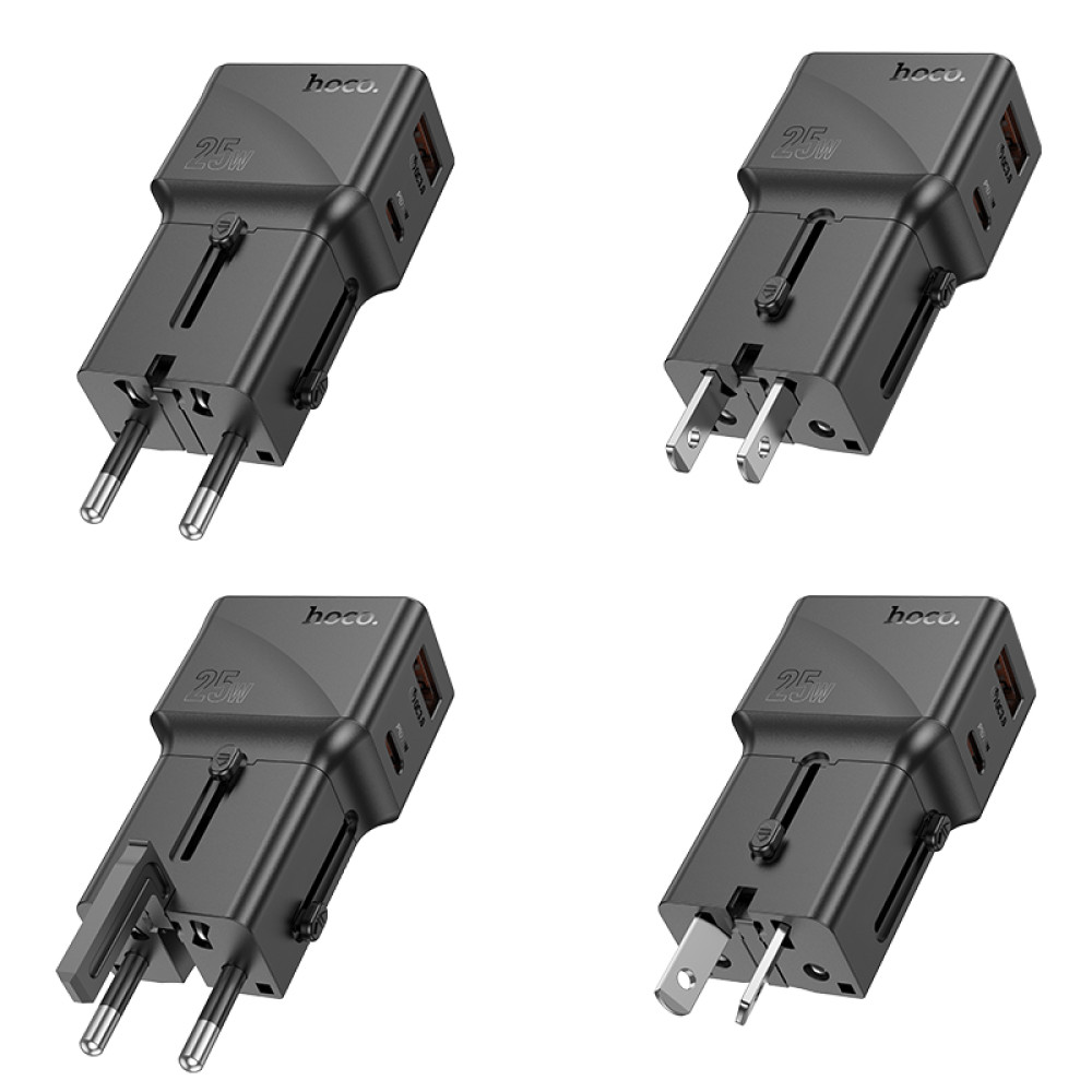 Мультифункціональний мережевий адаптер Hoco AC24 Mini universal travel PD25W+QC3.0 Type-C to Lightning (EU,US,UK,AUS)