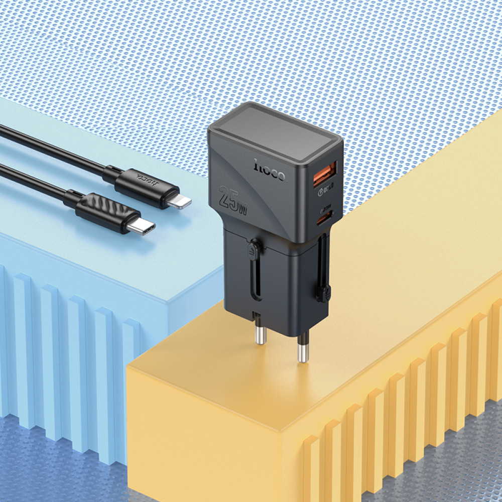 Мультифункціональний мережевий адаптер Hoco AC24 Mini universal travel PD25W+QC3.0 Type-C to Lightning (EU,US,UK,AUS)