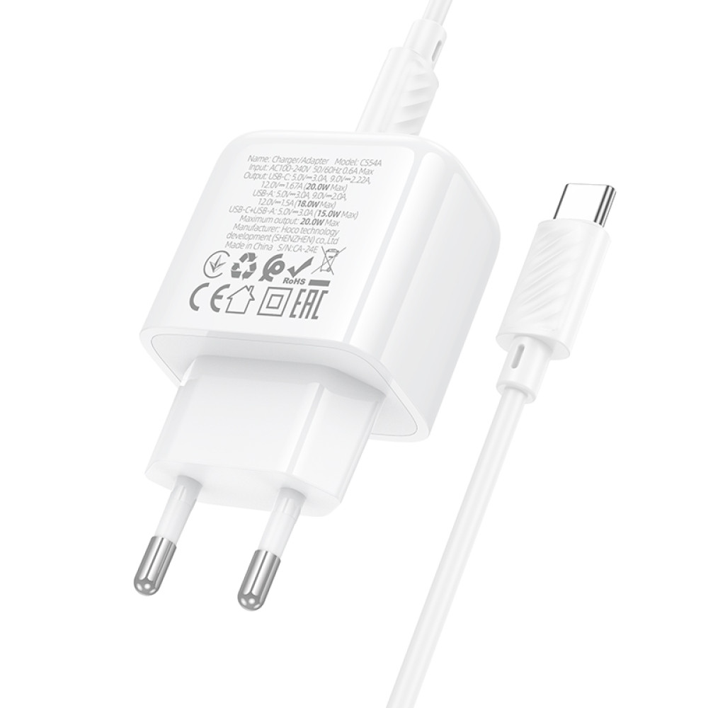 Мережевий зарядний пристрій Hoco CS54A Surplus PD20W+QC3.0 Type-C to Type-C
