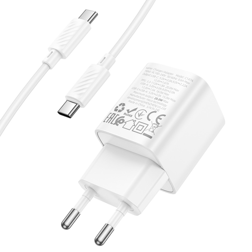 Мережевий зарядний пристрій Hoco C147A Charm PD20W+QC3.0 Type-C to Type-C