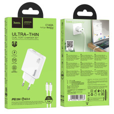 Мережевий зарядний пристрій Hoco C142A Direct PD20W+QC3.0 Type-C to Type-C