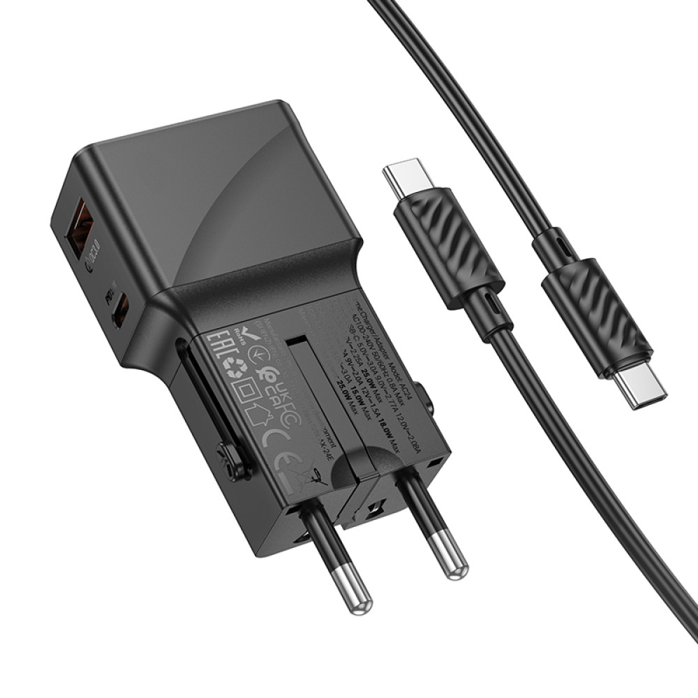 Мультифункціональний мережевий адаптер Hoco AC24 Mini universal travel PD25W+QC3.0 Type-C to Type-C (EU,US,UK,AUS)