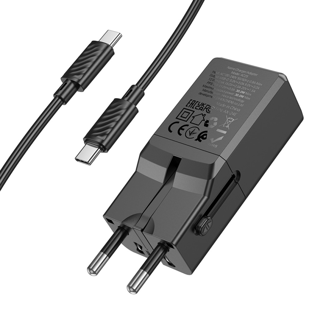 Мережевий зарядний пристрій Hoco AC25 Mini universal travel GaN PD30W Type-C to Type-C (EU,US,UK,AUS)