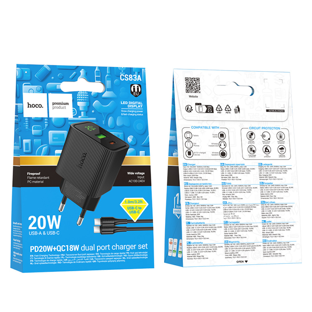 Мережевий зарядний пристрій Hoco CS83A Excellent PD20W+QC3.0 Type-C to Type-C