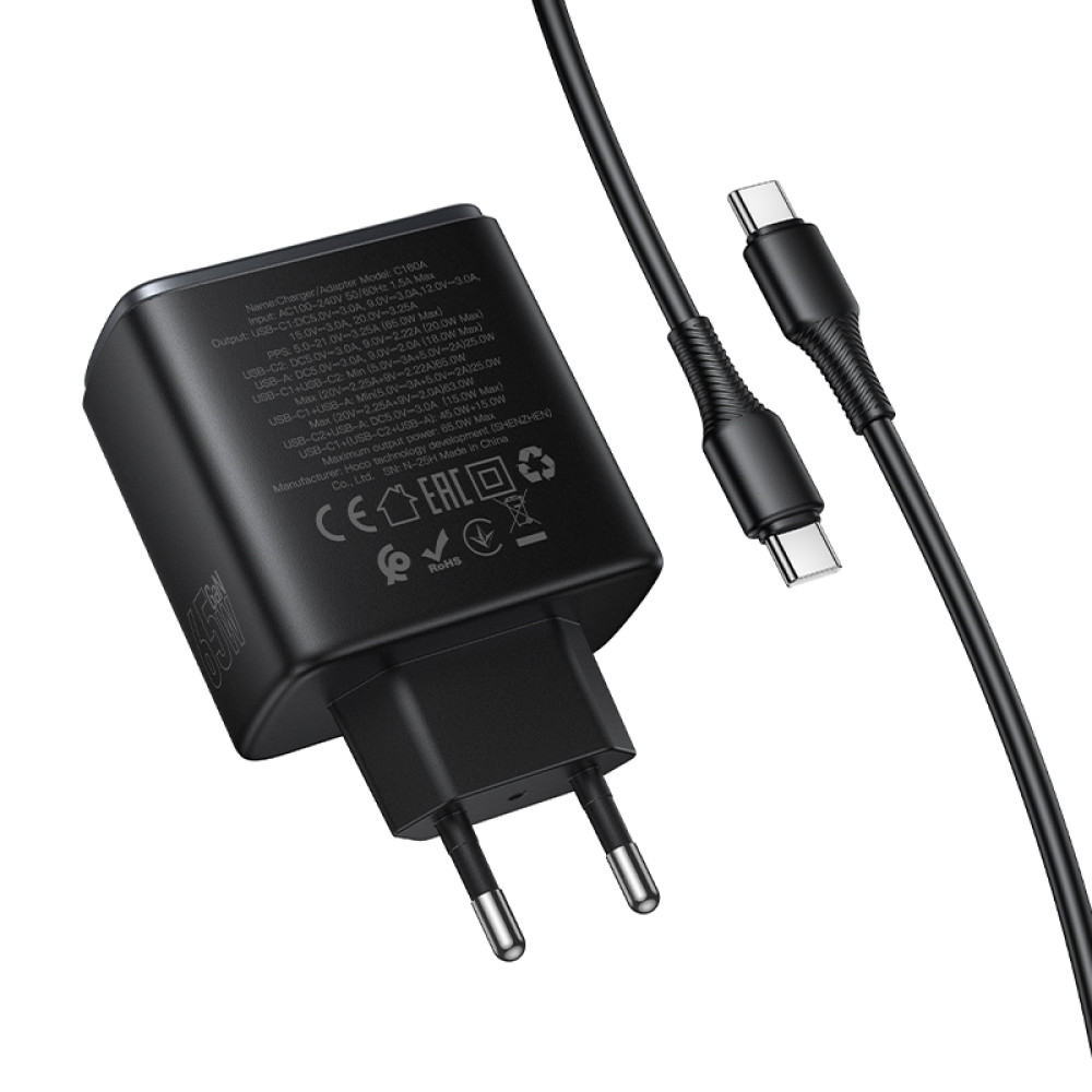 Мережевий зарядний пристрій Hoco C160A Upgrade GaN PD65W+QC3.0 Type-C to Type-C