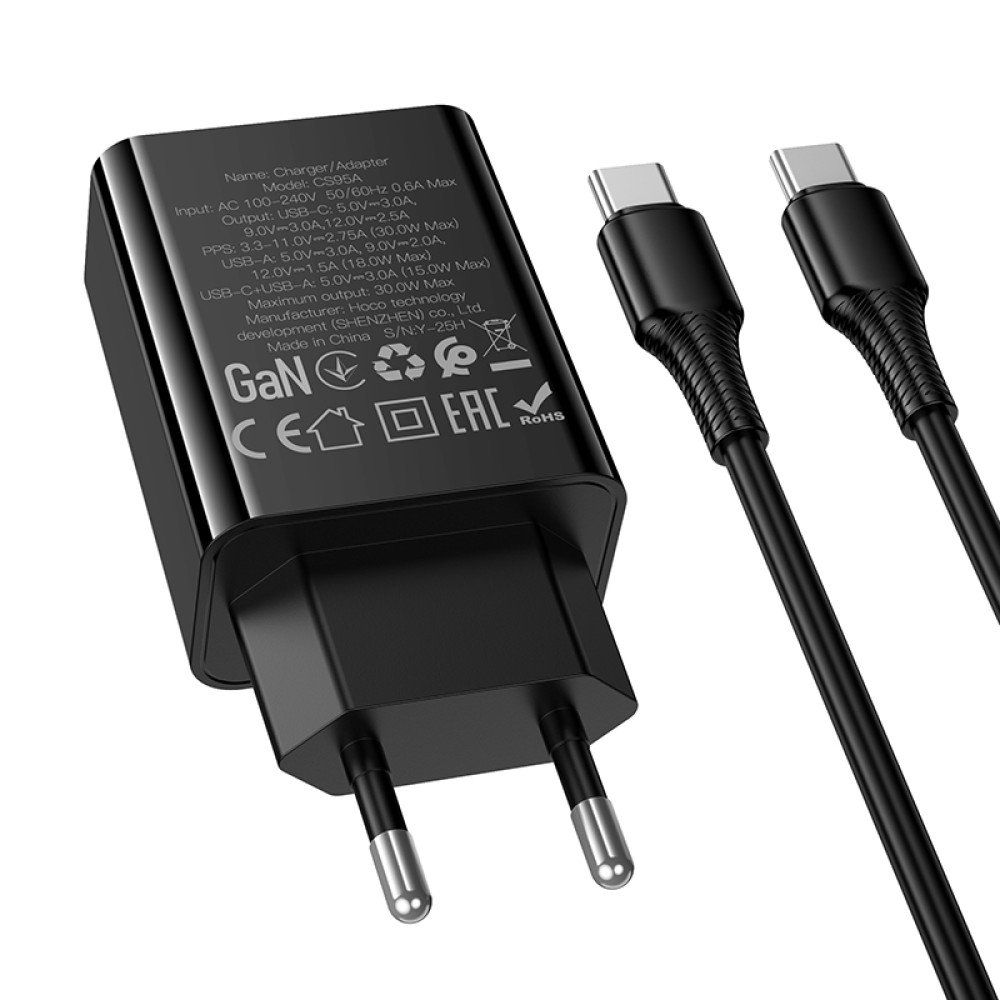 Мережевий зарядний пристрій Hoco CS95A Leader GaN PD30W+QC3.0 Type-C to Type-C