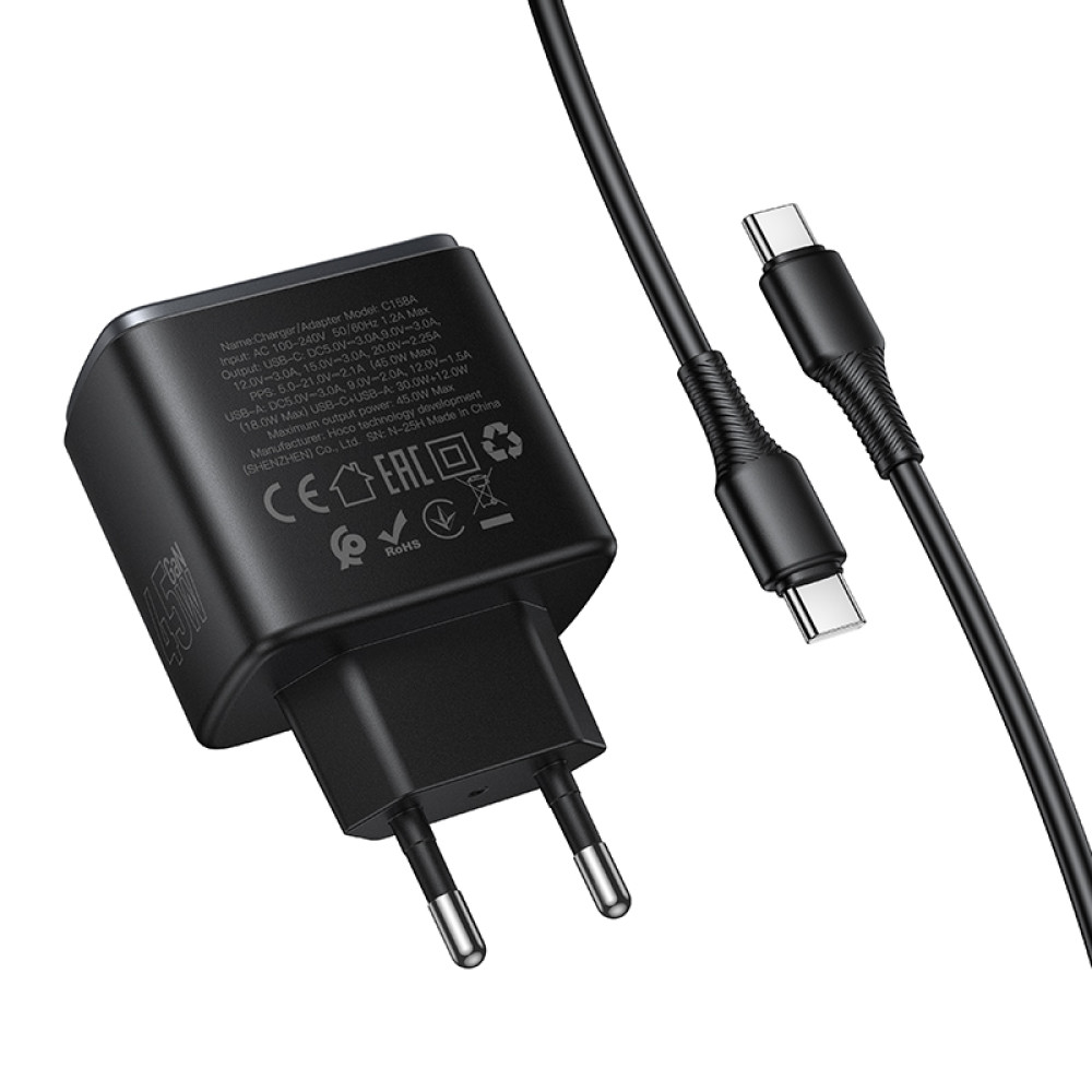 Мережевий зарядний пристрій Hoco C158A Upgrade GaN PD45W+QC3.0 Type-C to Type-C