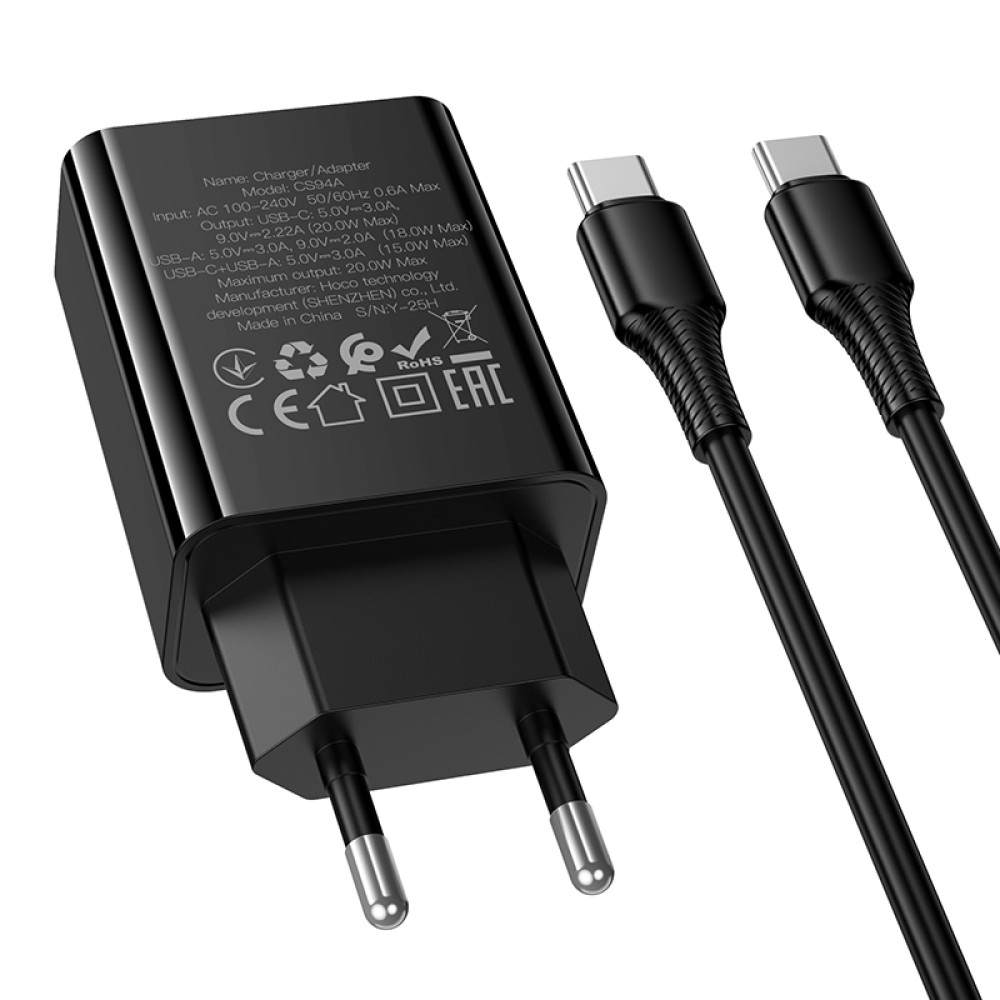 Мережевий зарядний пристрій Hoco CS94A Leader PD20W+QC3.0 Type-C to Type-C