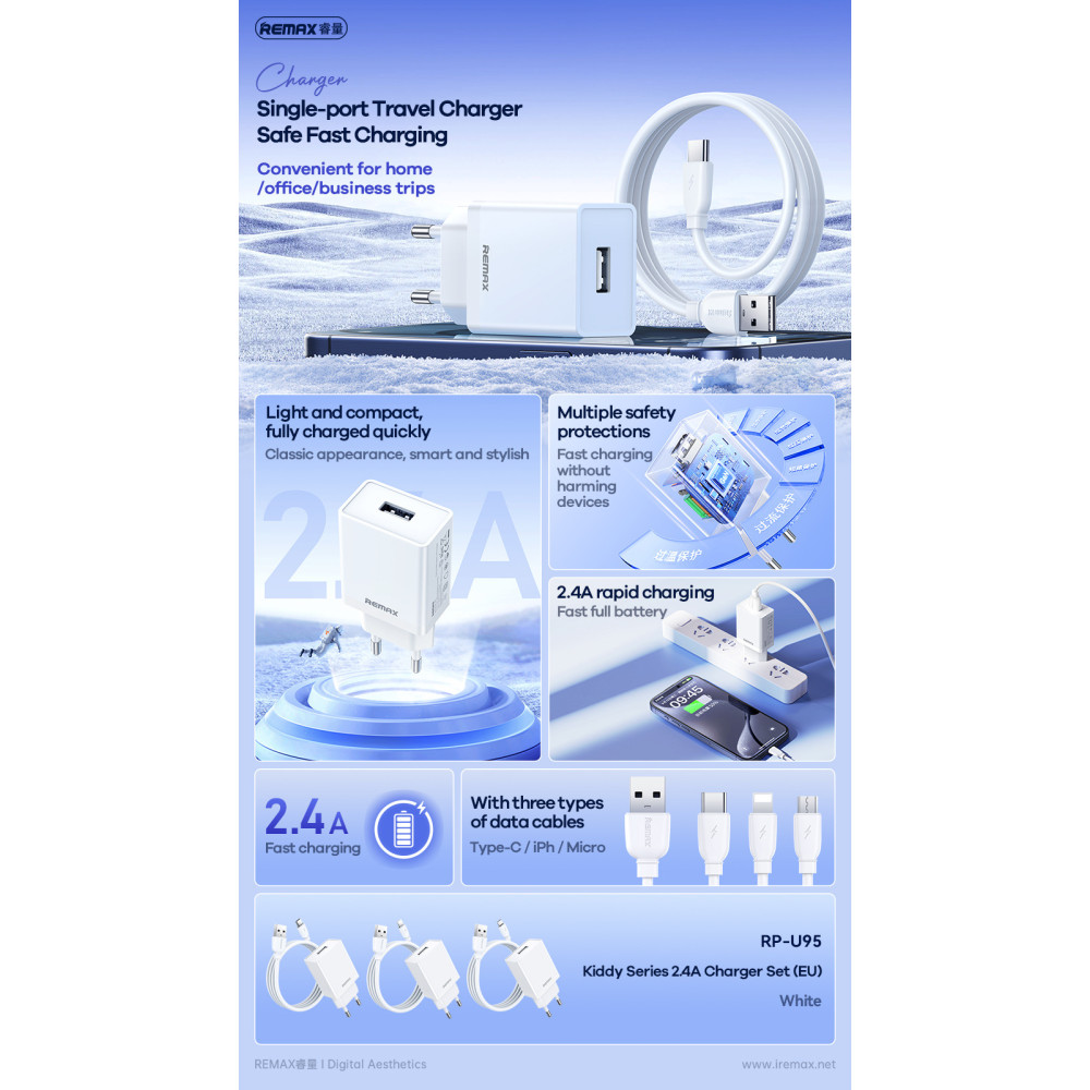 Мережевий зарядний пристрій Remax RP-U95 Kiddy Series 2.4A Type-C