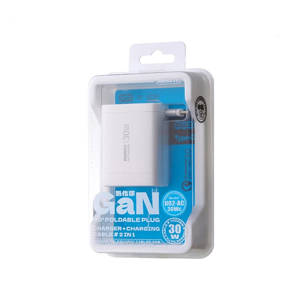 Мережевий зарядний пристрій Remax U02-AC30Wc GaN PD30W with retractable cable Type-C