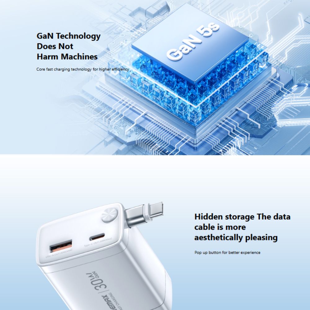 Мережевий зарядний пристрій Remax U02-AC30Wc GaN PD30W with retractable cable Type-C