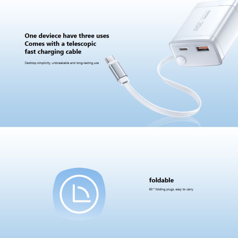 Мережевий зарядний пристрій Remax U02-AC30Wc GaN PD30W with retractable cable Type-C