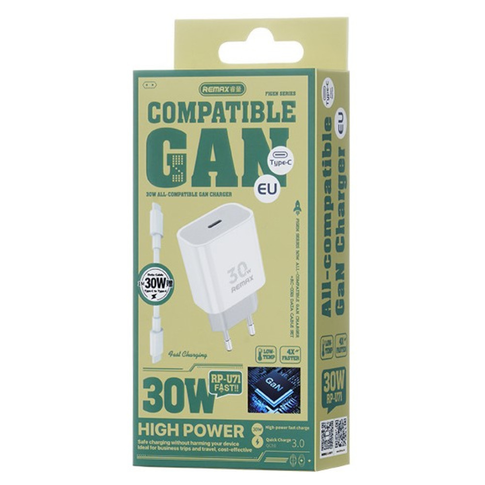 Мережевий зарядний пристрій Remax RP-W71 Figen Series GaN PD30W Type-C to Type-C