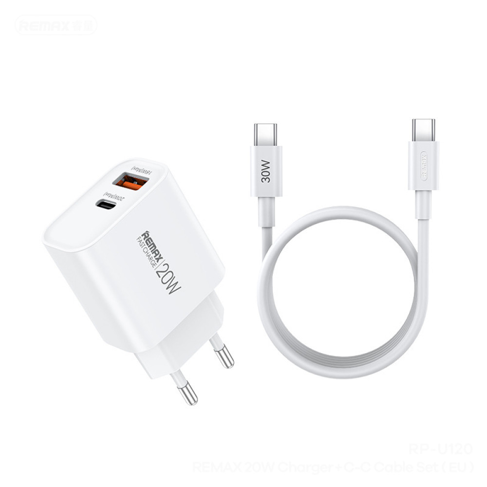 Мережевий зарядний пристрій Remax RP-U120 PD20W+18W Type-C to Type-C