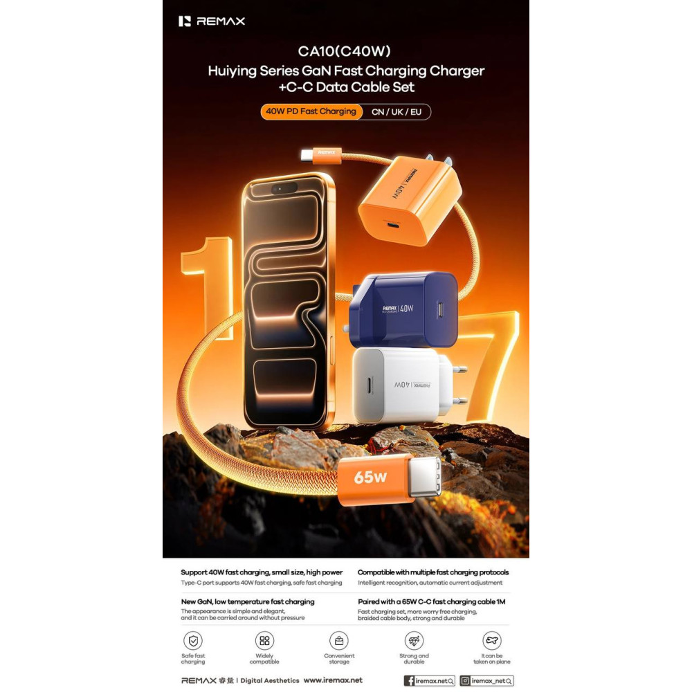 Мережевий зарядний пристрій Remax CA10 Huiying GaN PD40W Type-C to Type-C