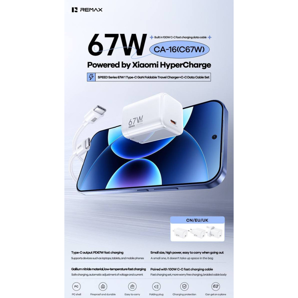 Мережевий зарядний пристрій Remax CA-16 Speed Series GaN PD67W Type-C to Type-C