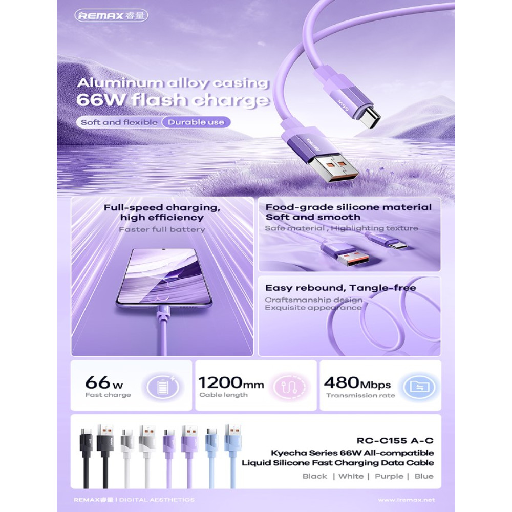 Data Cable Remax RC-C155 Kyecha Series Type-C 66W 1.2m