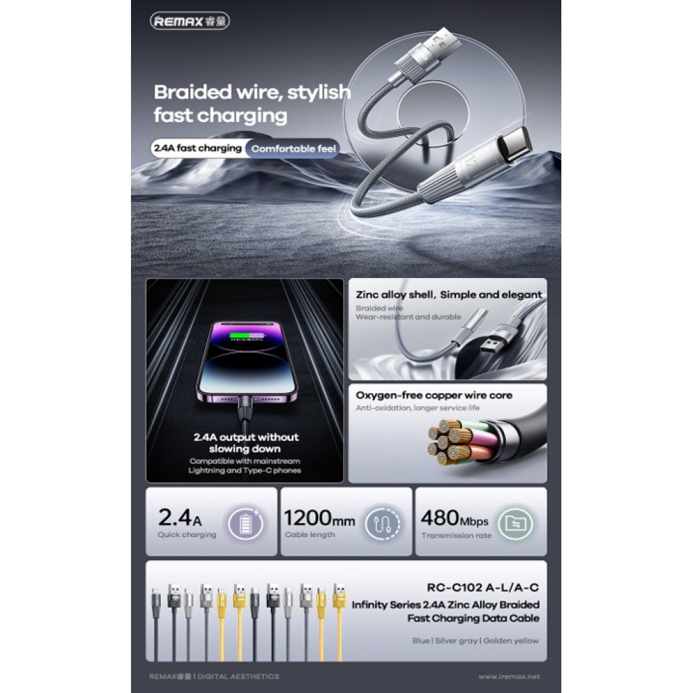 Data Cable Remax RC-C102 Infinity Series Type-C 2.4A 1.2m