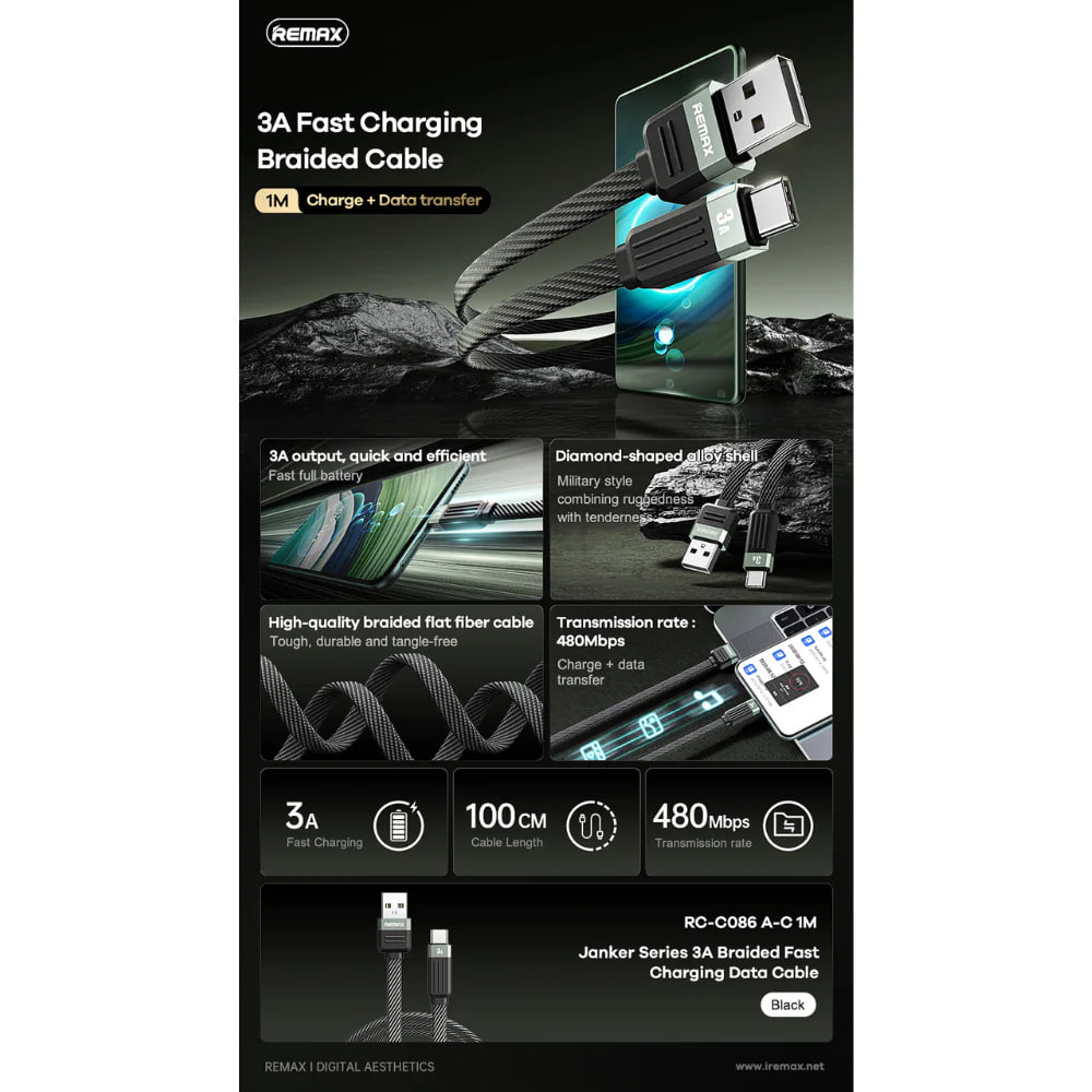Data Cable Remax RC-C086 Janker Series Type-C 3A 1m